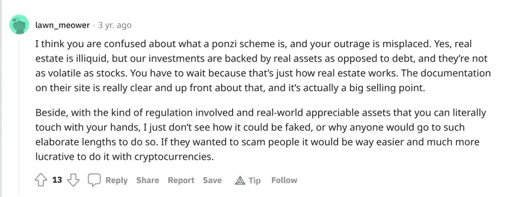 Fundrise Reddit post, not a pyramid scheme